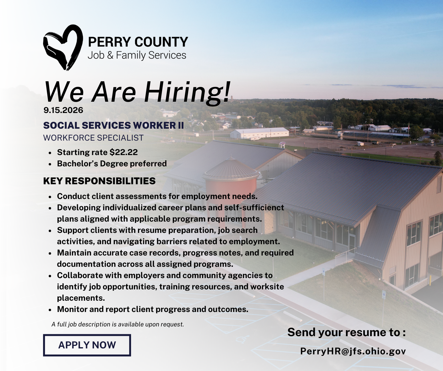 We Are Hiring flier for Social Services Worker II, Workforce Specialist