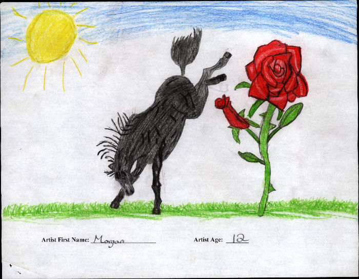 Colored pencil drawing of a black horse in a grassy field reaching toward a large red rose, with a yellow sun in a blue sky.